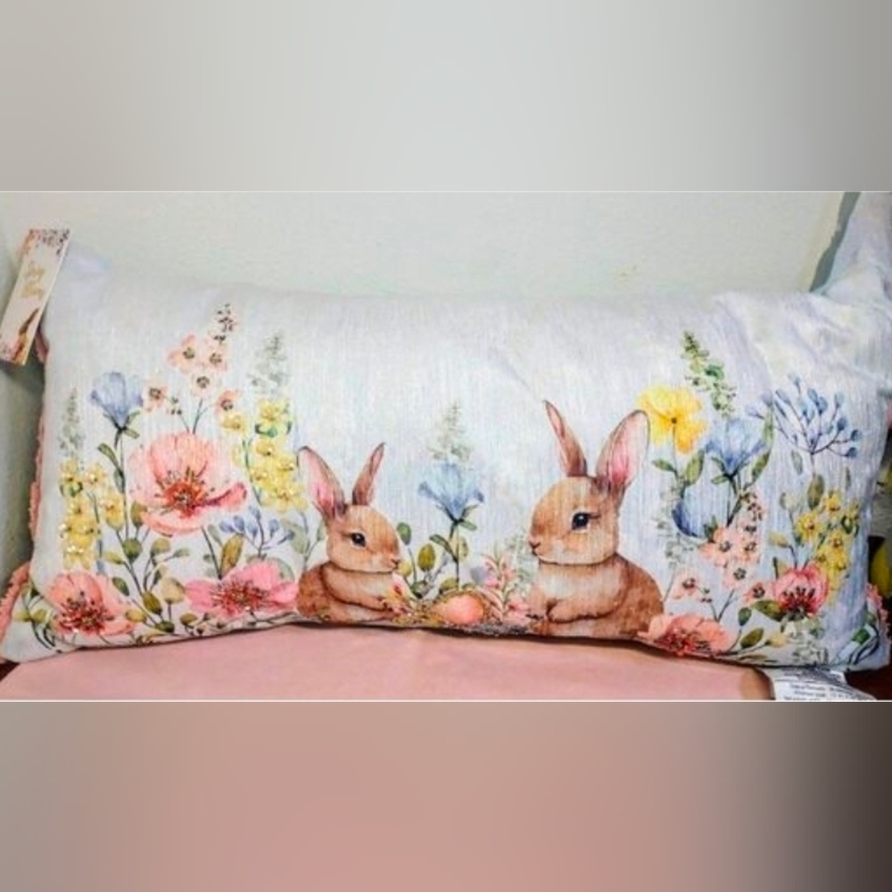 Made in India Cottagecore Bunny Floral Lumbar Pillow 12x24 Sequin Beaded NWT
